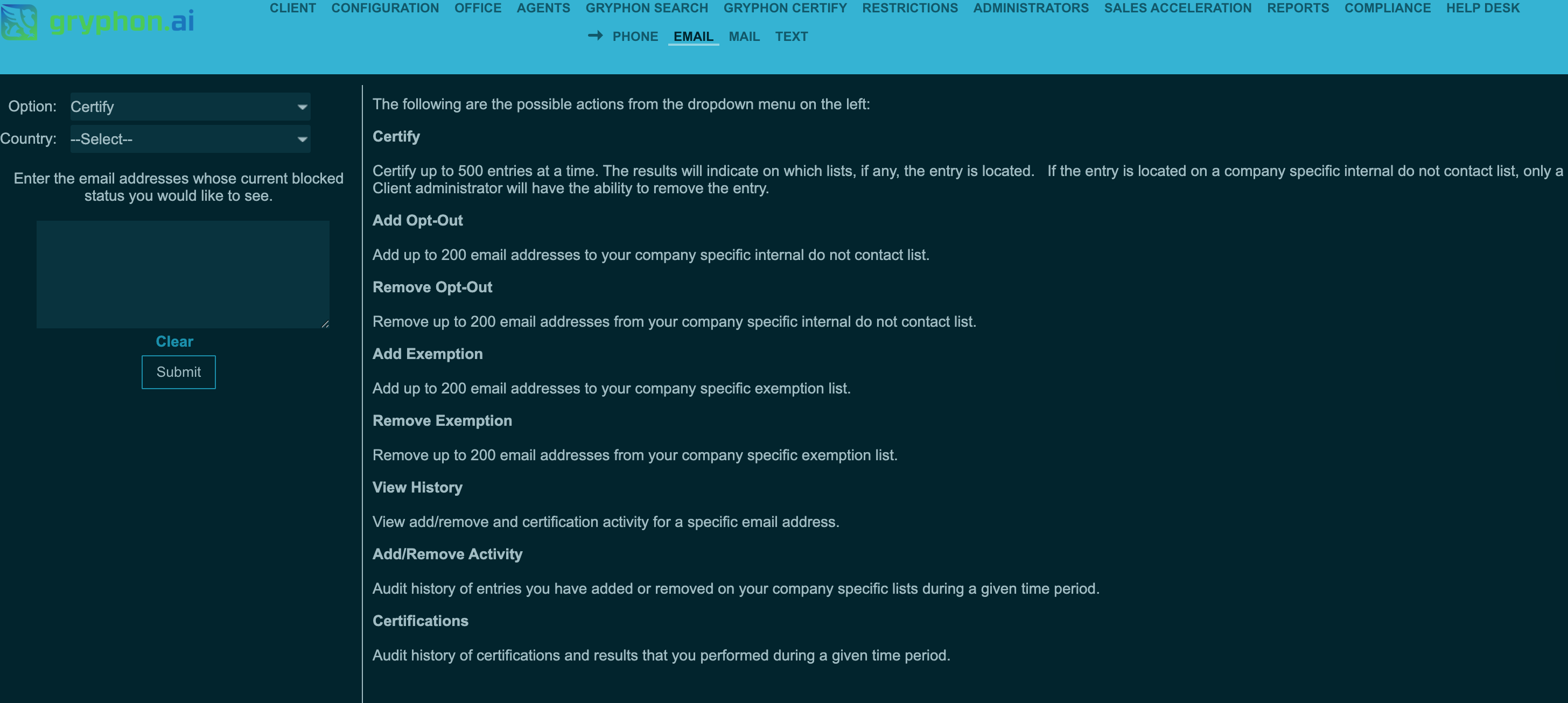 gryphon email search UI